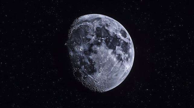 Waxing Gibbous Moon with Craters and Lunar Surface