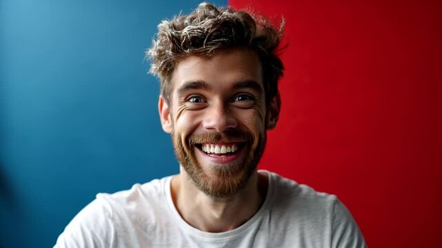 Excited White man in his 20s surrounded by flying popcorn against split red and blue background. Concept of joy, humor, and snacking during entertainment moments