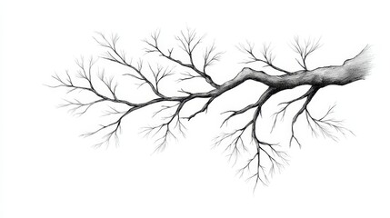 Fototapeta premium Bare Tree Branch Illustration - A detailed pencil sketch of a single bare tree branch, isolated on a white background. Perfect for nature, winter, or minimalist designs