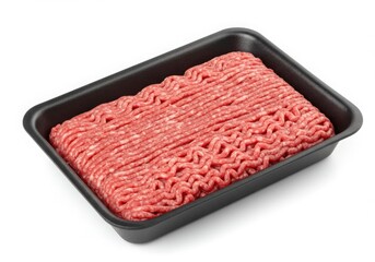 Ground beef in black tray isolated on white background