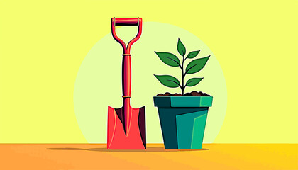 Garden shovel and spring seedlings of plants in a pot on a yellow background