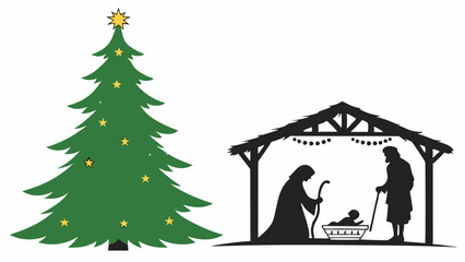 Decorated Christmas Tree and Nativity Scene Silhouette Illustration