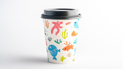 Colorful cartoon sea creatures decorate a coffee cup with black lid against a minimal background