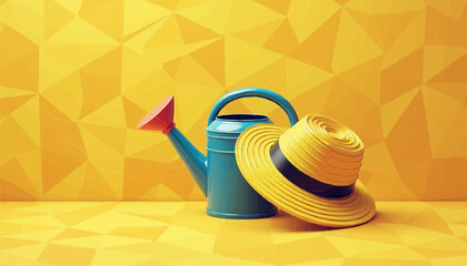 Watering can and straw hat on a yellow background, symbolizing the beginning of the spring gardening period of life