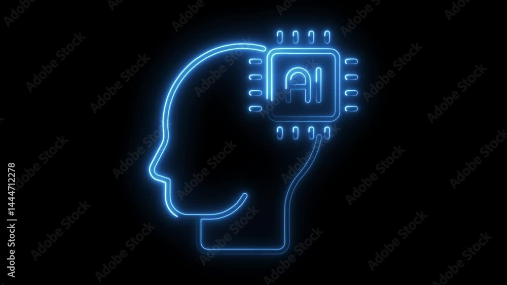 Poster artificial intelligence head in neon outlines with microchip detail future tech