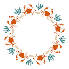 Crabs and Seaweeds Wreath. Whimsical ocean beach round frame with sea plants greens rocks coastal elements. Playful kids summer art. Vector illustration