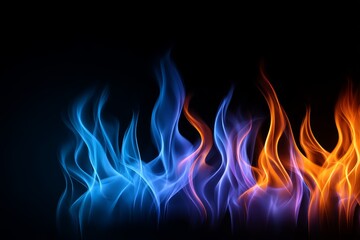 Fototapeta premium Blue and Orange Flames Abstract - A vibrant abstract of blue and orange flames dancing against a black background. Perfect for design projects needing a fiery, energetic feel