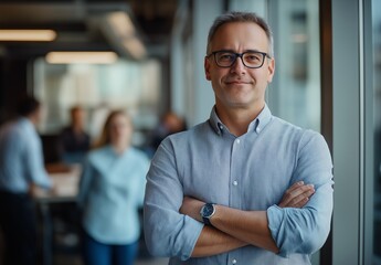 Obraz premium A man in glasses and a blue shirt smiles confidently at the camera, standing with his arms crossed in an office setting.