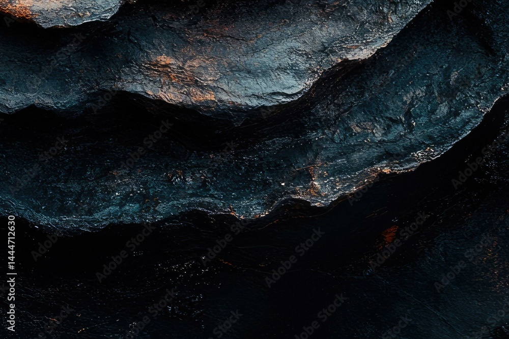 Poster dark, textured rock formations resembling deep ocean waves with hints of orange highlights.