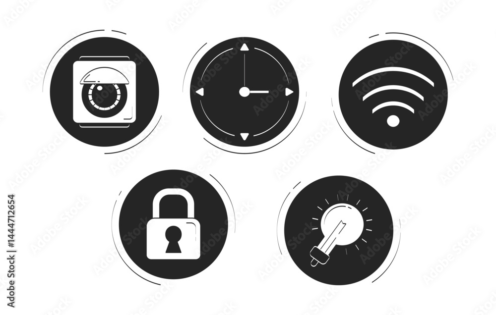 Poster iot smart home icons doodle linear objects set. security camera, clock, wi-fi, lock, lightbulb 2d ve
