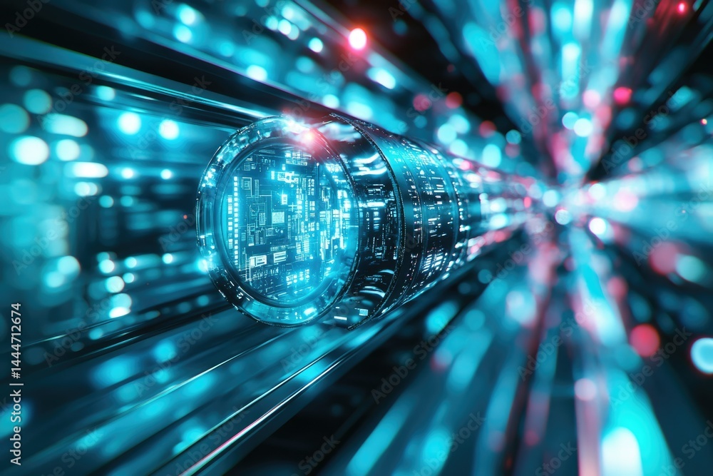 Poster Futuristic data stream flowing through a digital tunnel, illuminated with vibrant neon lights.