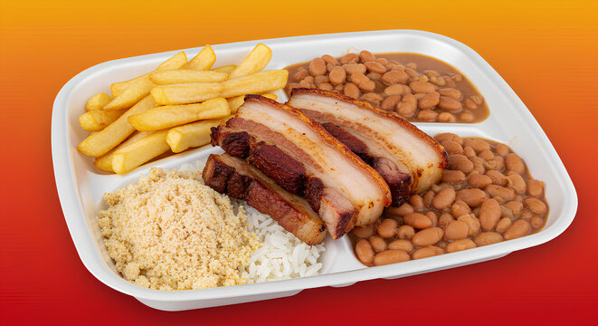 Marmitex com torresmo crocante, arroz, feij&atilde;o, batata frita e farofa em embalagem de isopor sobre fundo colorido, t&iacute;pico da culin&aacute;ria brasileira.

