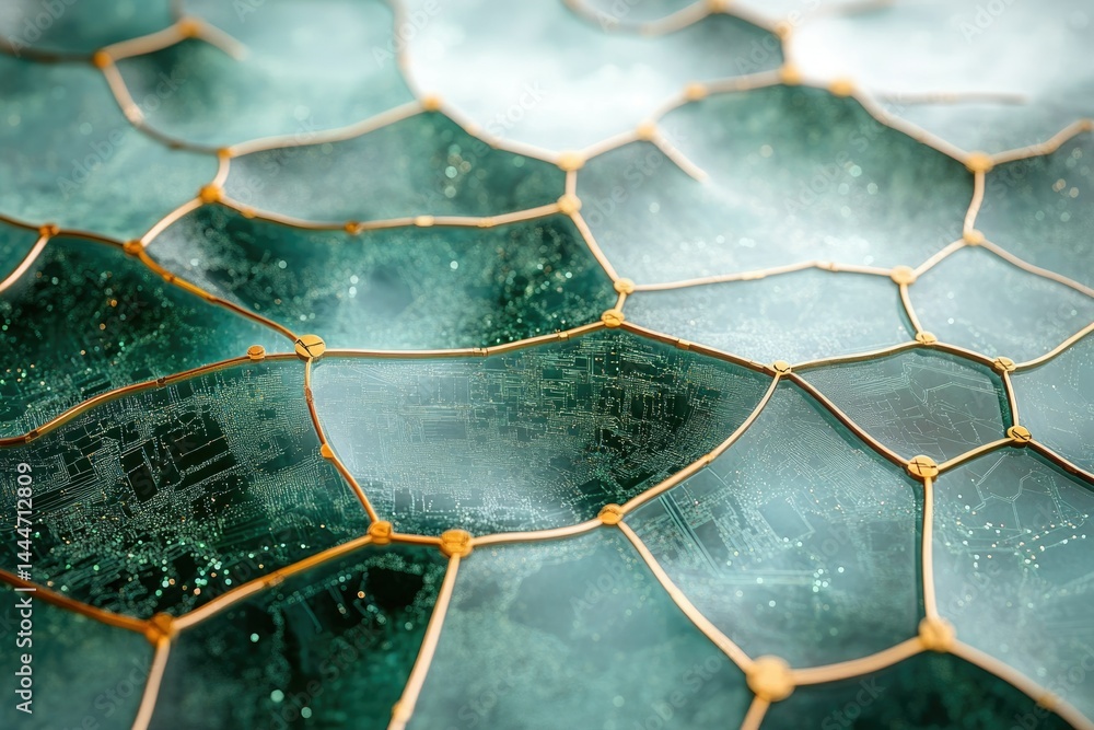 Poster Abstract network visualization: Teal glass panels interconnected by gold framework, resembling a complex system or neural network.