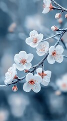 Blossom Snow Covered Branches in Winter with Frozen Scene