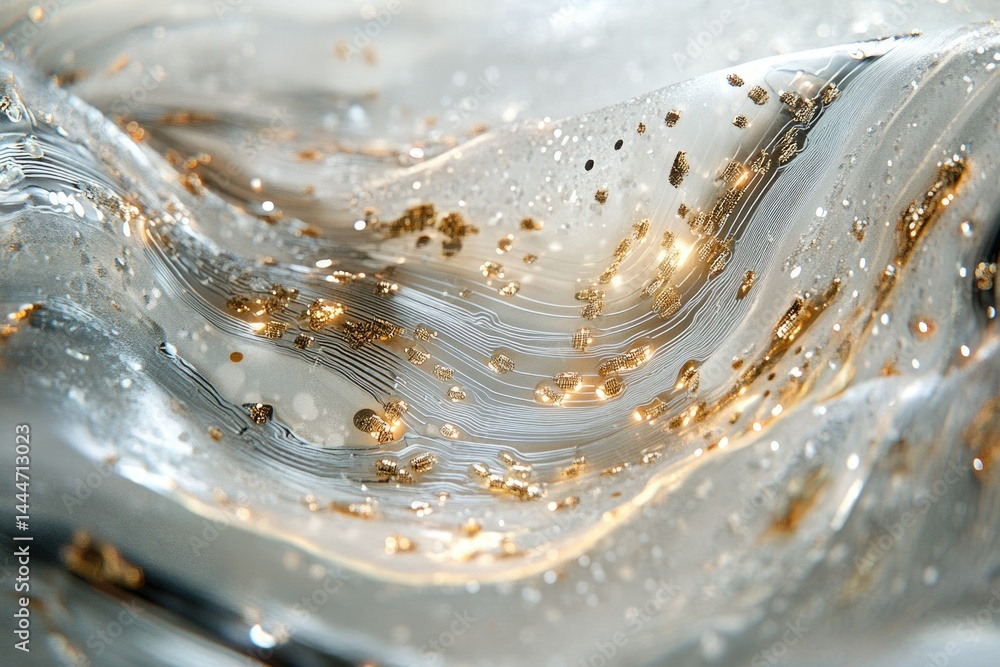 Poster abstract art depicting flowing silver waves with embedded gold glitter, creating a luxurious and ele