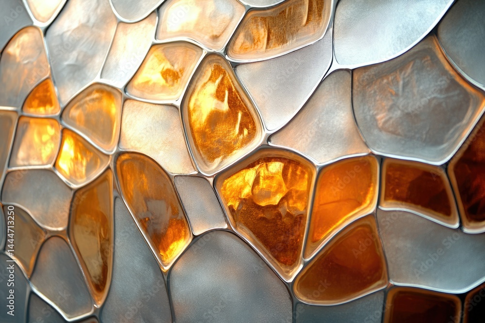 Poster Abstract close-up of a textured glass surface with amber and silver hues, creating a mosaic-like pattern.