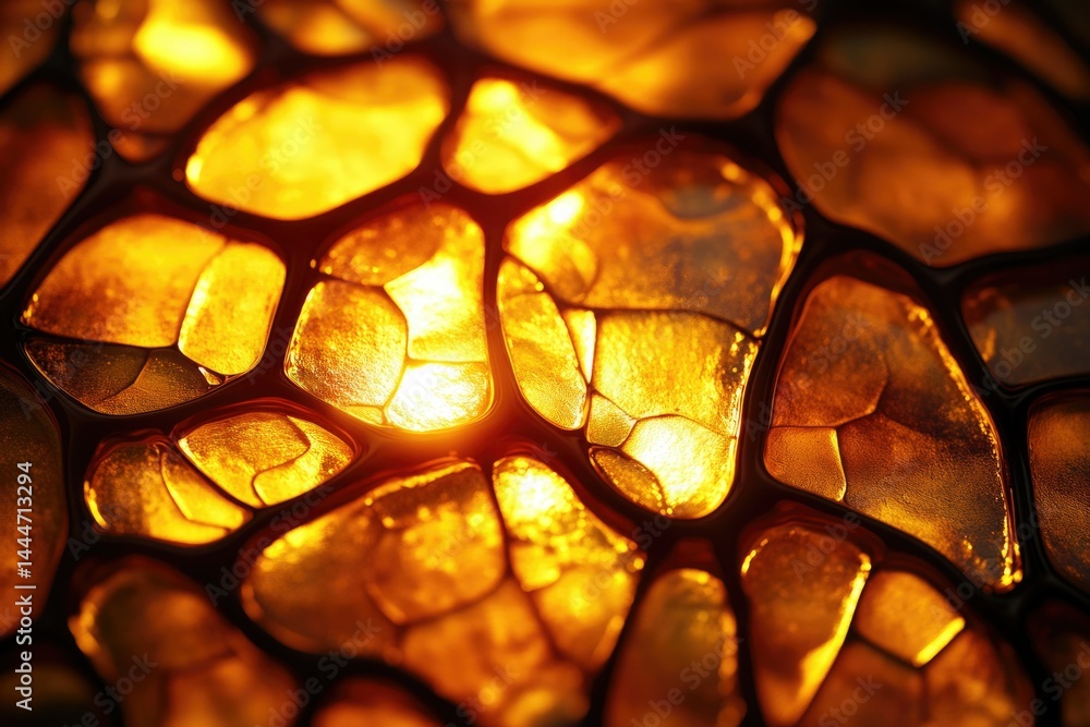 Fototapete illuminated amber-like substance with a honeycomb-like structure, glowing from within.