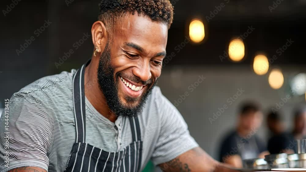 Poster man with a black beard and a white apron is smiling while serving coffee. he is wearing a black and 