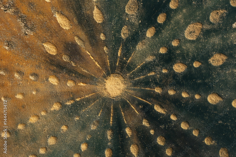 Poster abstract art resembling a sunburst pattern with textured, gold and dark-green hues.