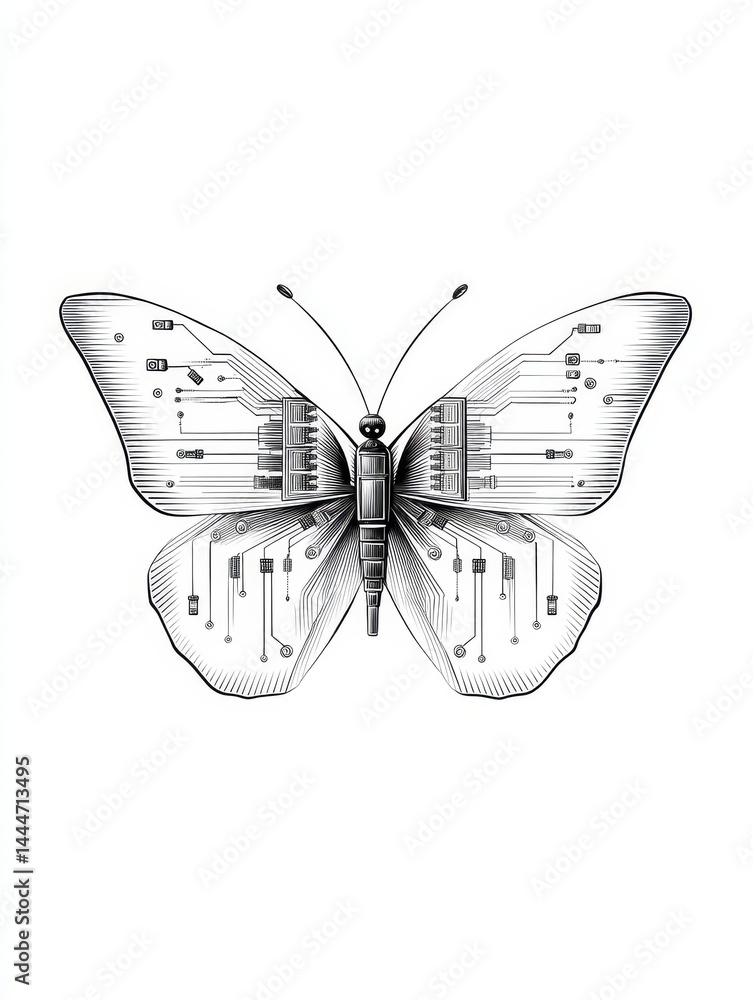 Poster butterfly circuitry - a grayscale illustration of a butterfly with intricate circuitry patterns on i