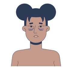 Black woman fatigue face with dark circles and eye bags 2D vector illustration. Under-eye skin puffiness. African american female flat character isolated on white background. Colorful cartoon image