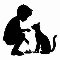 Silhouette art illustration of a child feeding a pet cat.