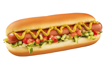 Classic hot dog with mustard zigzag PNG image ideal for restaurant ads and food packaging projects