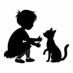 Silhouette art illustration of a child playing with a cat.