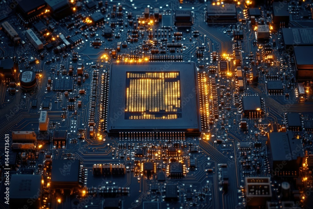 Aufkleber Close-up view of a circuit board with a central processor illuminated, showcasing intricate electronic components and pathways.