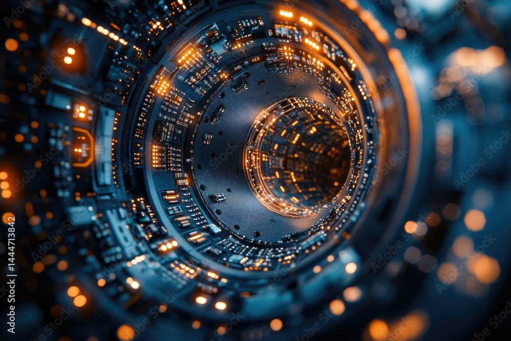 Poster abstract digital tunnel, glowing circuitry, futuristic technology, deep space, swirling vortex.