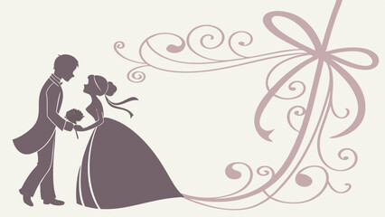Elegant Wedding Couple Silhouette with Decorative Swirls and Ribbon Illustration