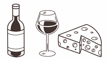 Minimalist black and white line art illustration of a wine bottle, full glass, and cheese wedge. Food and drink.