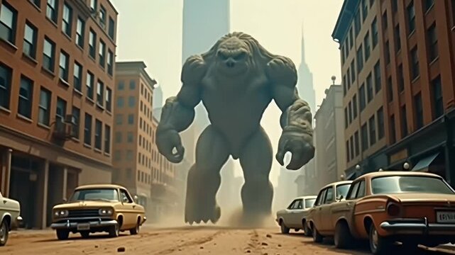 Giant Monster Walking Through City Streets
