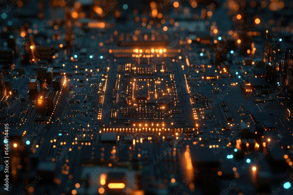 Poster Abstract close-up of a glowing circuit board, showcasing intricate technological details and illuminated pathways.