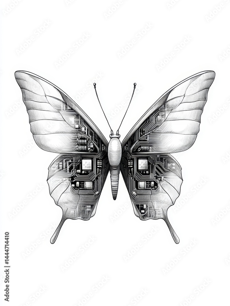 Poster sketch circuit butterfly design - a grayscale of a butterfly with intricate circuit board patterns o