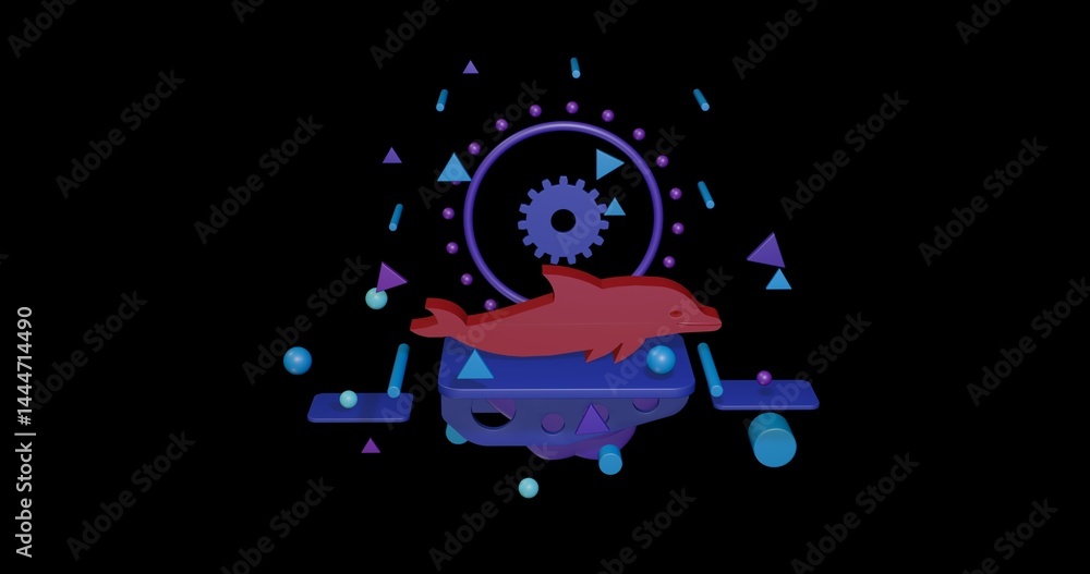 Poster red dolphin symbol on a pedestal of abstract geometric shapes floating in the air. abstract concept 