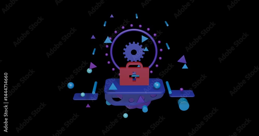 Poster red first aid symbol on a pedestal of abstract geometric shapes floating in the air. abstract concep