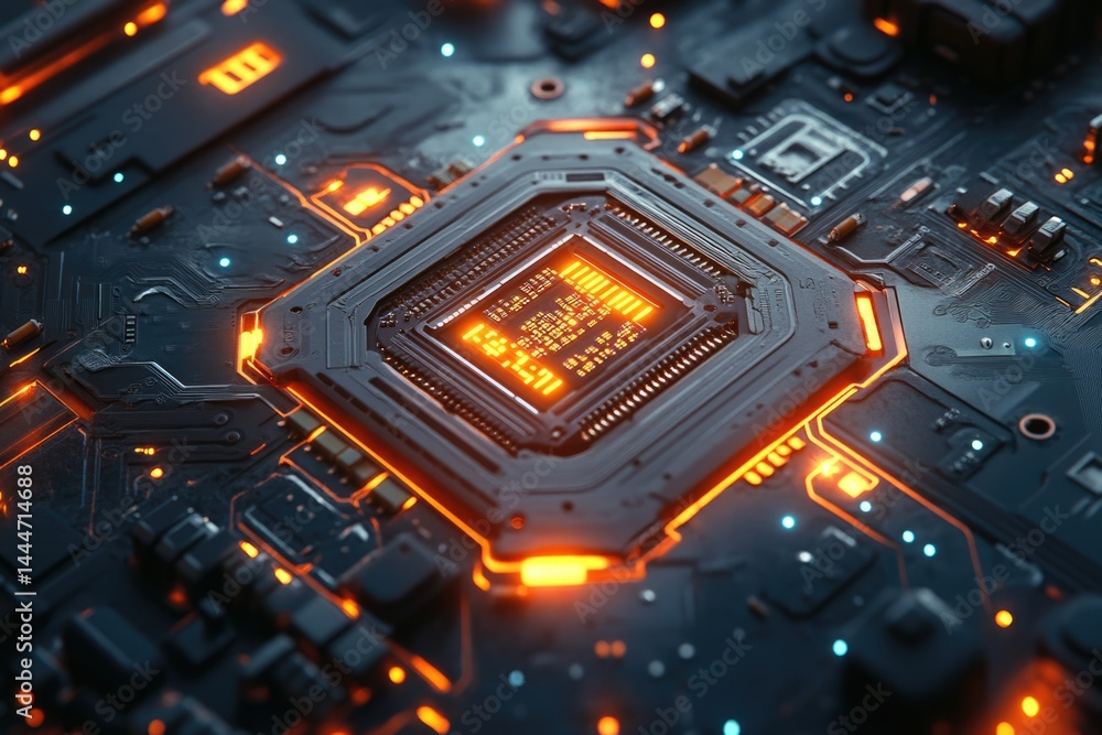 Aufkleber Close-up of a futuristic computer processor glowing orange, showcasing intricate circuitry and advanced technology.
