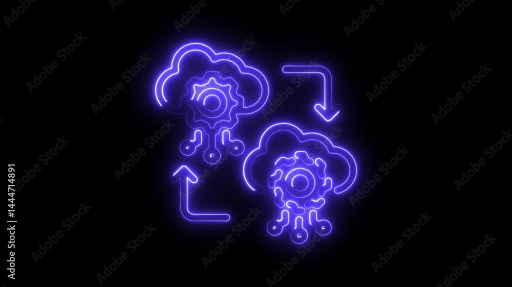 Poster cloud computing data synchronization with neon glow effect on black background