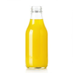 A clear glass bottle filled with bright yellow liquid stands on a white surface in a studio shot