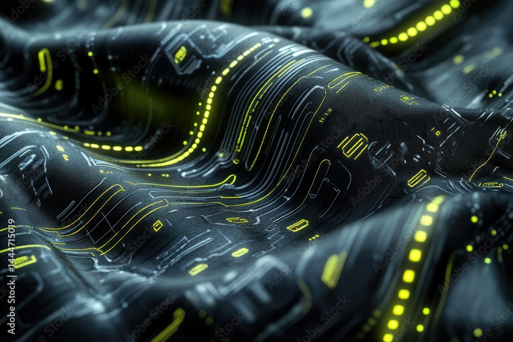 Poster Abstract image depicting a dark fabric with glowing circuit patterns, suggesting technology and futuristic design.