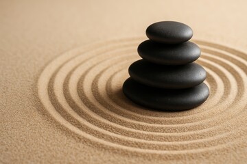 Fototapeta na wymiar A tranquil composition featuring a stack of smooth black stones perfectly balanced on fine raked sand, forming concentric ripples in a traditional zen garden style. Earthy tones evoke peace