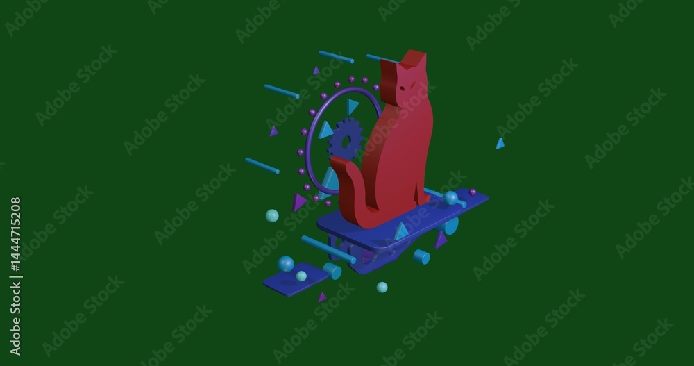 Poster red cat icon on a pedestal of abstract geometric shapes floating in the air. abstract concept art wi