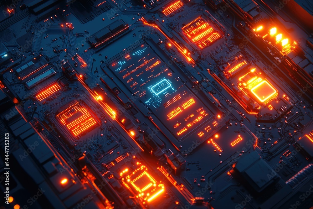 Poster Close-up view of a futuristic circuit board with glowing orange components, showcasing intricate technological details.