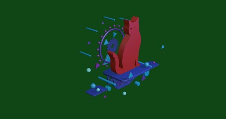 Red cat icon on a pedestal of abstract geometric shapes floating in the air. Abstract concept art with flying shapes in the center. 3d illustration on green background