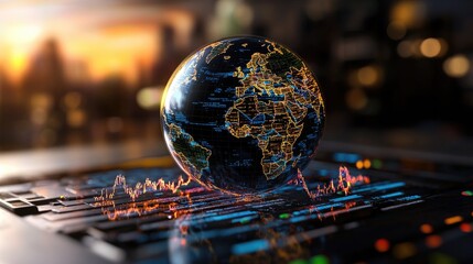 Digital globe with data overlays, financial graphs, and bright network lines depicting international finance flow