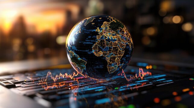 Digital globe with data overlays, financial graphs, and bright network lines depicting international finance flow