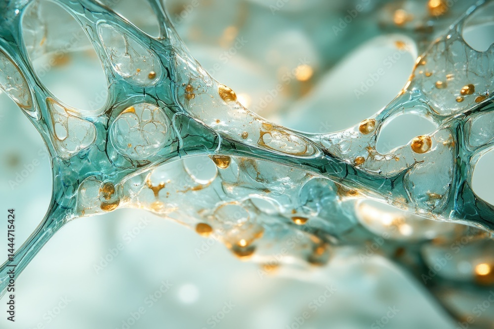 Poster Abstract image depicting a complex network of interconnected, translucent structures with golden highlights, resembling a microscopic view of cells or neural pathways.