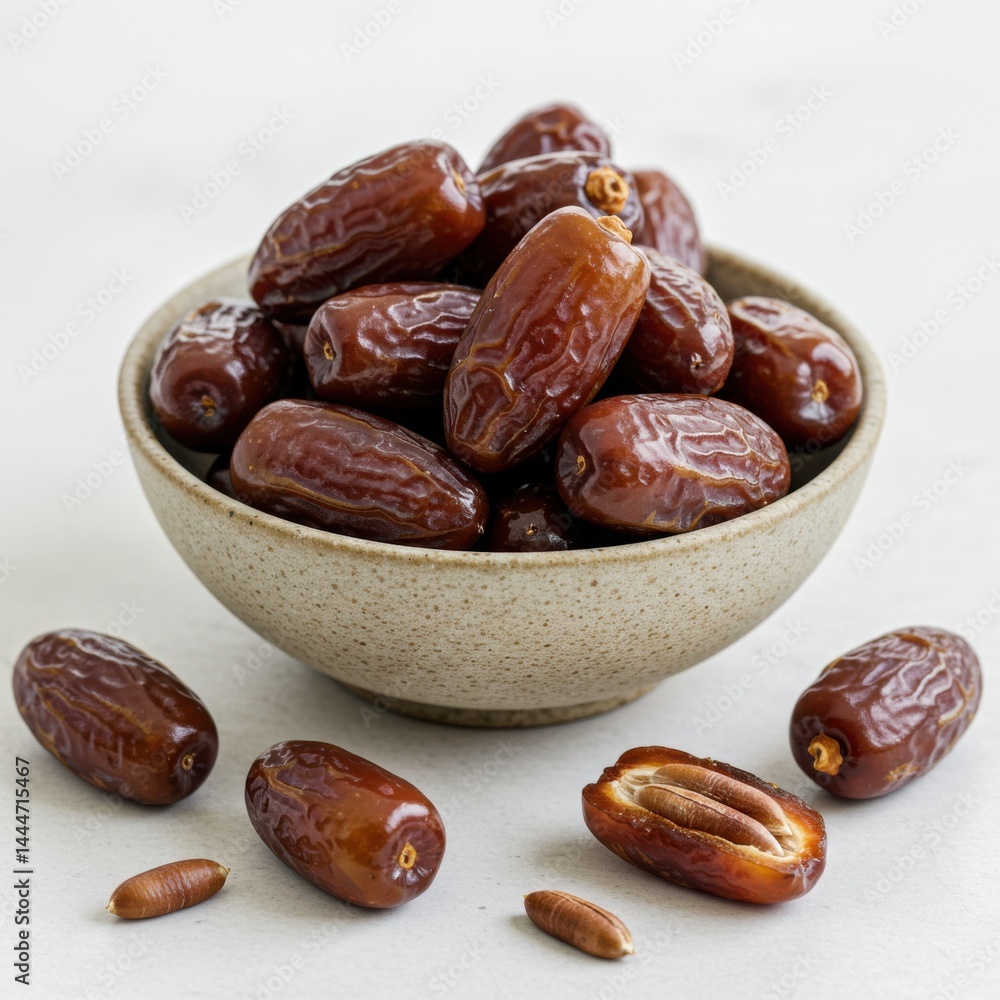 Poster a bowl full of dates with some dates and pits scattered around the bowl on a white background