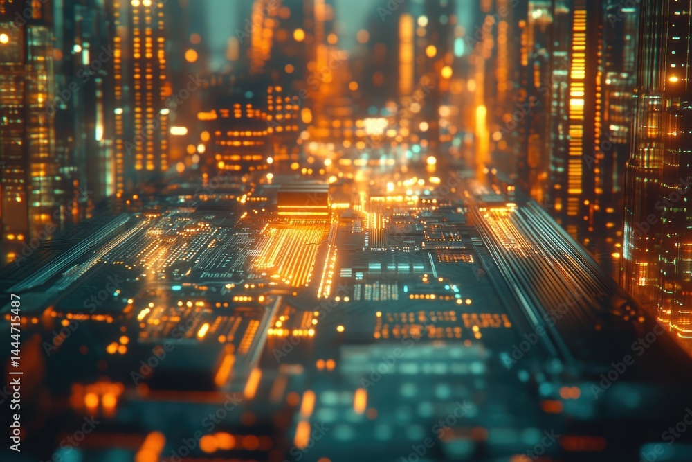 Poster A futuristic cityscape visualized as a circuit board, showcasing technological advancement and urban integration.